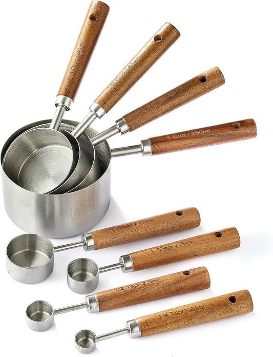 8PCS Measuring Cups, Stainless Steel Measuring Cups and Spoons Set with Ergonomic Wooden Handle for Cooking & Baking