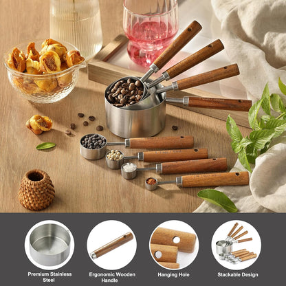 8PCS Measuring Cups, Stainless Steel Measuring Cups and Spoons Set with Ergonomic Wooden Handle for Cooking & Baking
