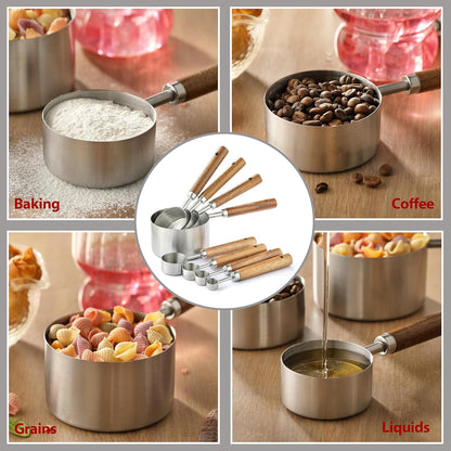 8PCS Measuring Cups, Stainless Steel Measuring Cups and Spoons Set with Ergonomic Wooden Handle for Cooking & Baking