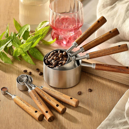8PCS Measuring Cups, Stainless Steel Measuring Cups and Spoons Set with Ergonomic Wooden Handle for Cooking & Baking