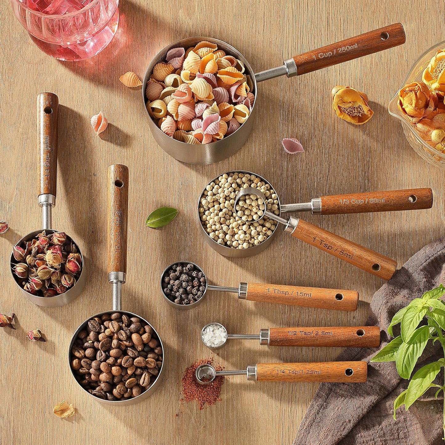 8PCS Measuring Cups, Stainless Steel Measuring Cups and Spoons Set with Ergonomic Wooden Handle for Cooking & Baking