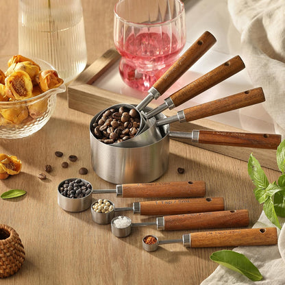 8PCS Measuring Cups, Stainless Steel Measuring Cups and Spoons Set with Ergonomic Wooden Handle for Cooking & Baking