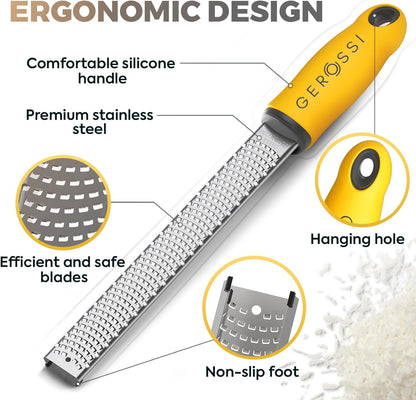 Stainless Steel Cheese and Citrus Zester Grater w/Extra Sharp Blade - Perfect for Lemons, Parmesan, Garlic, Chocolate - Spice Up any Kitchen Dish in Seconds with Your Premium Hand Held Shredder