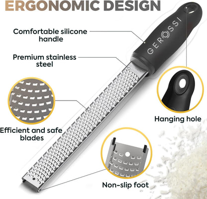 Stainless Steel Cheese and Citrus Zester Grater w/Extra Sharp Blade - Perfect for Lemons, Parmesan, Garlic, Chocolate - Spice Up any Kitchen Dish in Seconds with Your Premium Hand Held Shredder