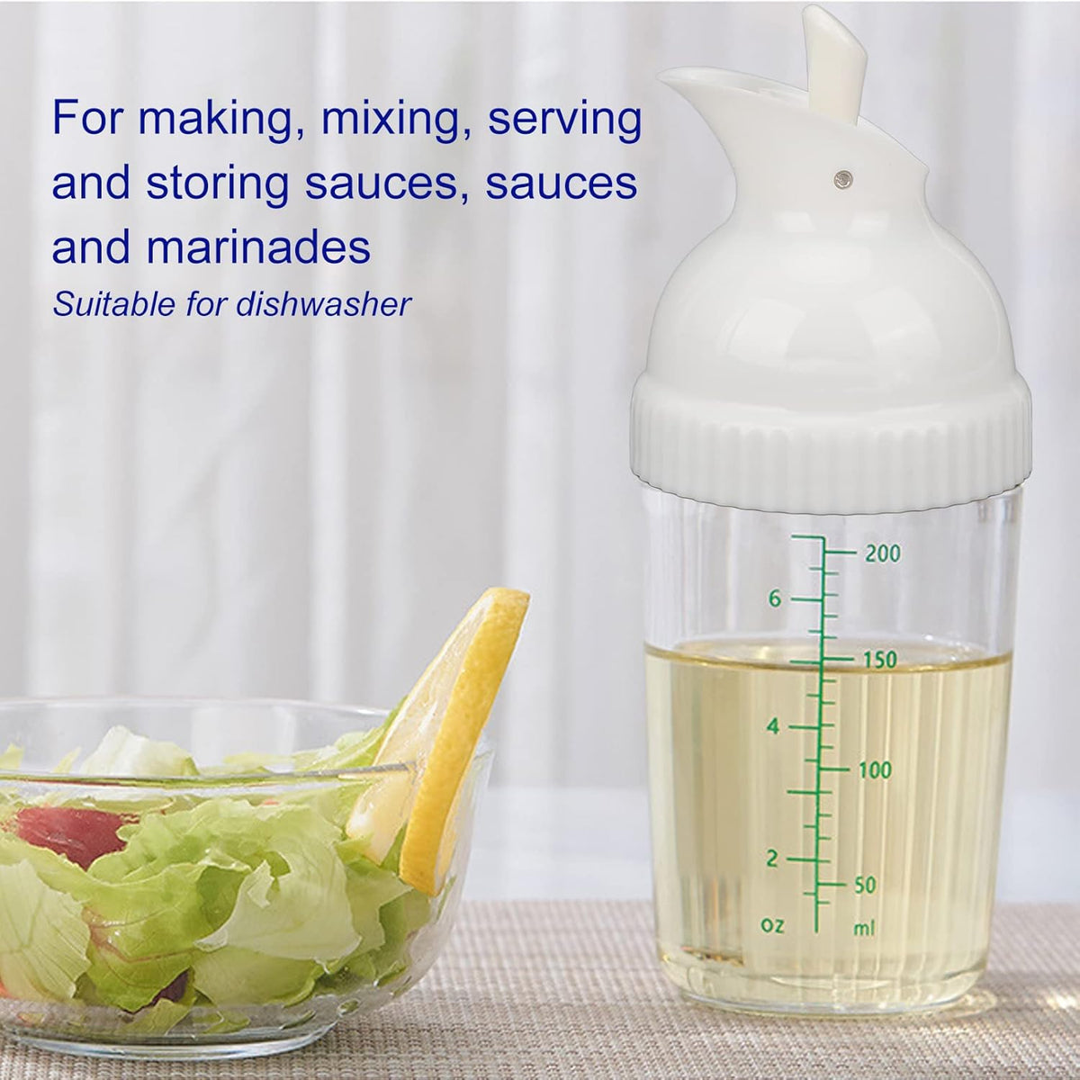 Salad Dressing Shaker, 200ml Leakproof Glass Dressing Bottle Mixer, One Hand Operated, Dishwasher for Sauces, Vinegar, Oil (White)