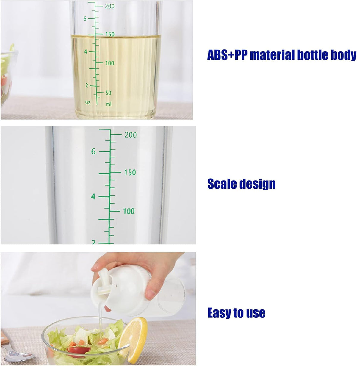 Salad Dressing Shaker, 200ml Leakproof Glass Dressing Bottle Mixer, One Hand Operated, Dishwasher for Sauces, Vinegar, Oil (White)