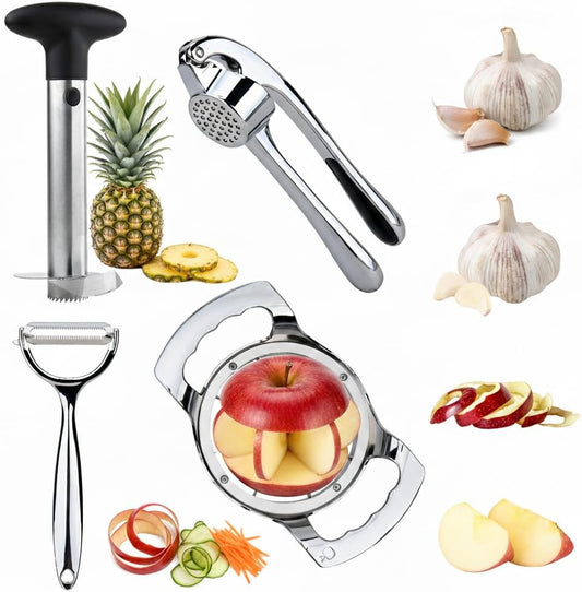Ultimate Kitchen Tool Set of 4 – Pineapple Corer, Apple Slicer, Peeler & Garlic Crusher | Multifunctional Stainless Steel Gadgets for Fruit & Vegetable Prep | Easy-to-Use, Time-Saving Gift Set.