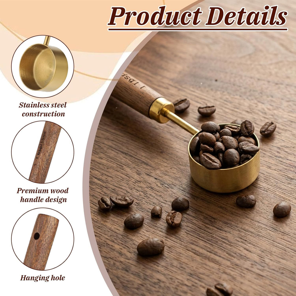 Stainless Steel Wood 1 Teaspoon Scoop, Wood Long Handle Coffee-Bean Scoops Coffee Measuring Scoop 15ml Capacity Tablespoon Perfect for Coffee, Tea and More