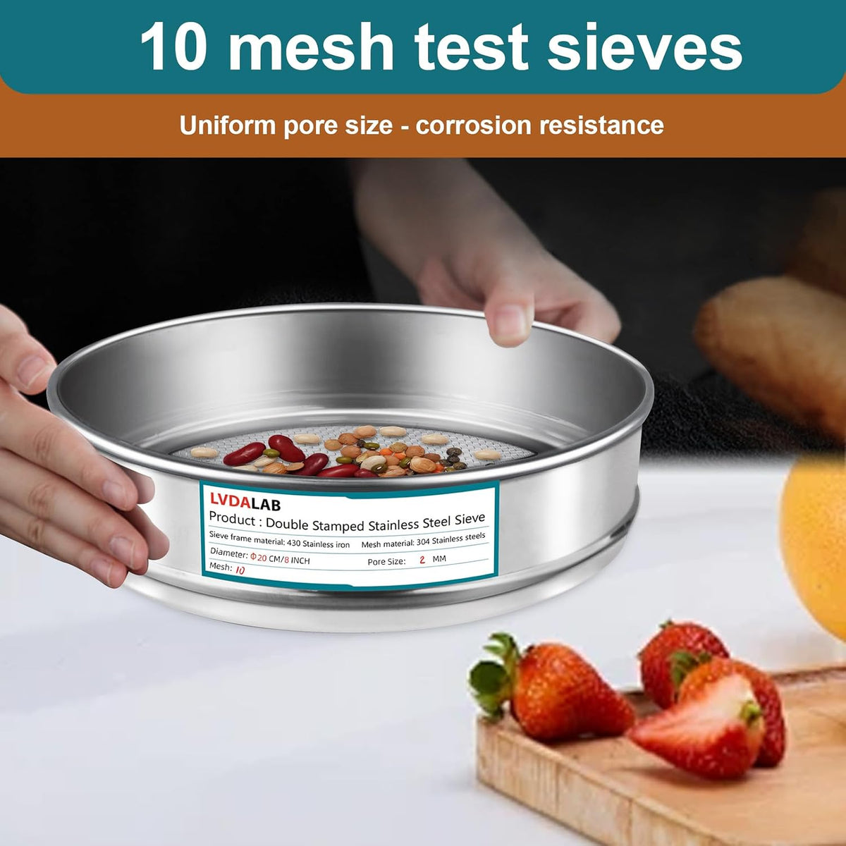 7.9" (20cm) 304 Stainless Steel Lab Sieve, 10 Mesh (2mm) Screen Sifter - Colors A