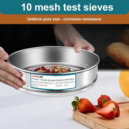7.9" (20cm) 304 Stainless Steel Lab Sieve, 10 Mesh (2mm) Screen Sifter - Colors A
