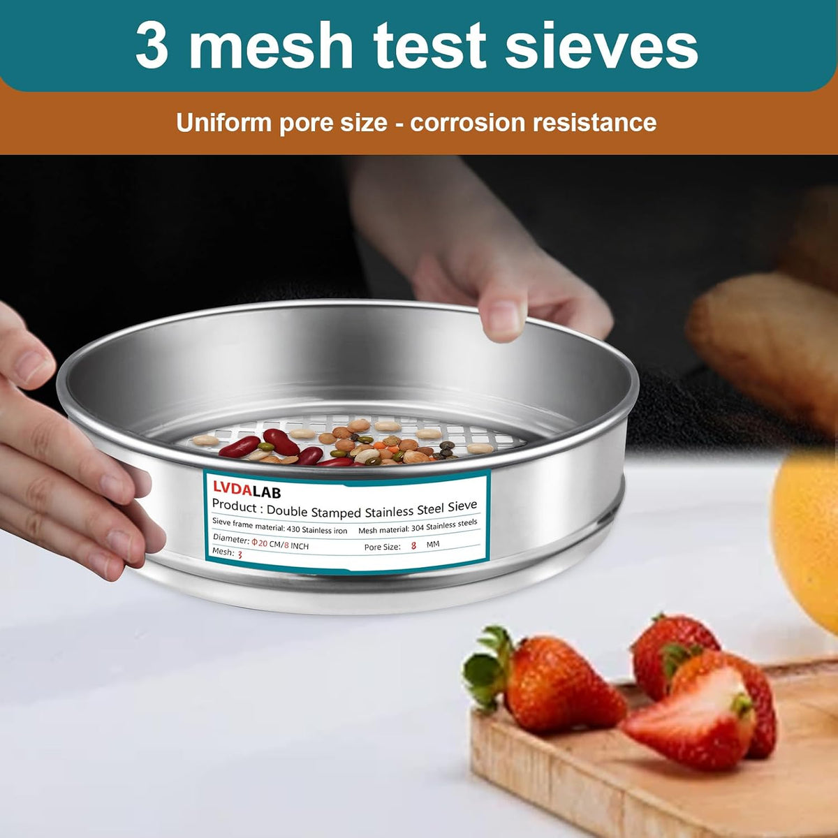 7.9" (20cm) 304 Stainless Steel Lab Sieve, 10 Mesh (2mm) Screen Sifter - Colors A