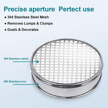 7.9" (20cm) 304 Stainless Steel Lab Sieve, 10 Mesh (2mm) Screen Sifter - Colors A
