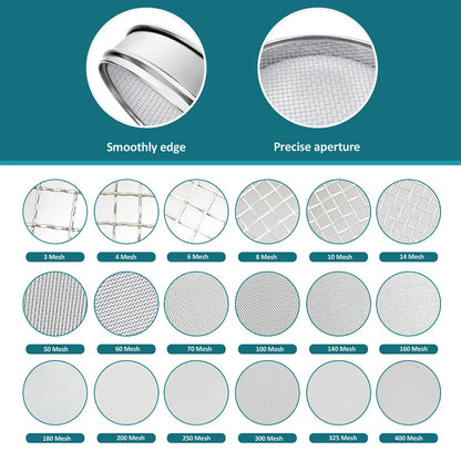 7.9" (20cm) 304 Stainless Steel Lab Sieve, 10 Mesh (2mm) Screen Sifter - Colors A