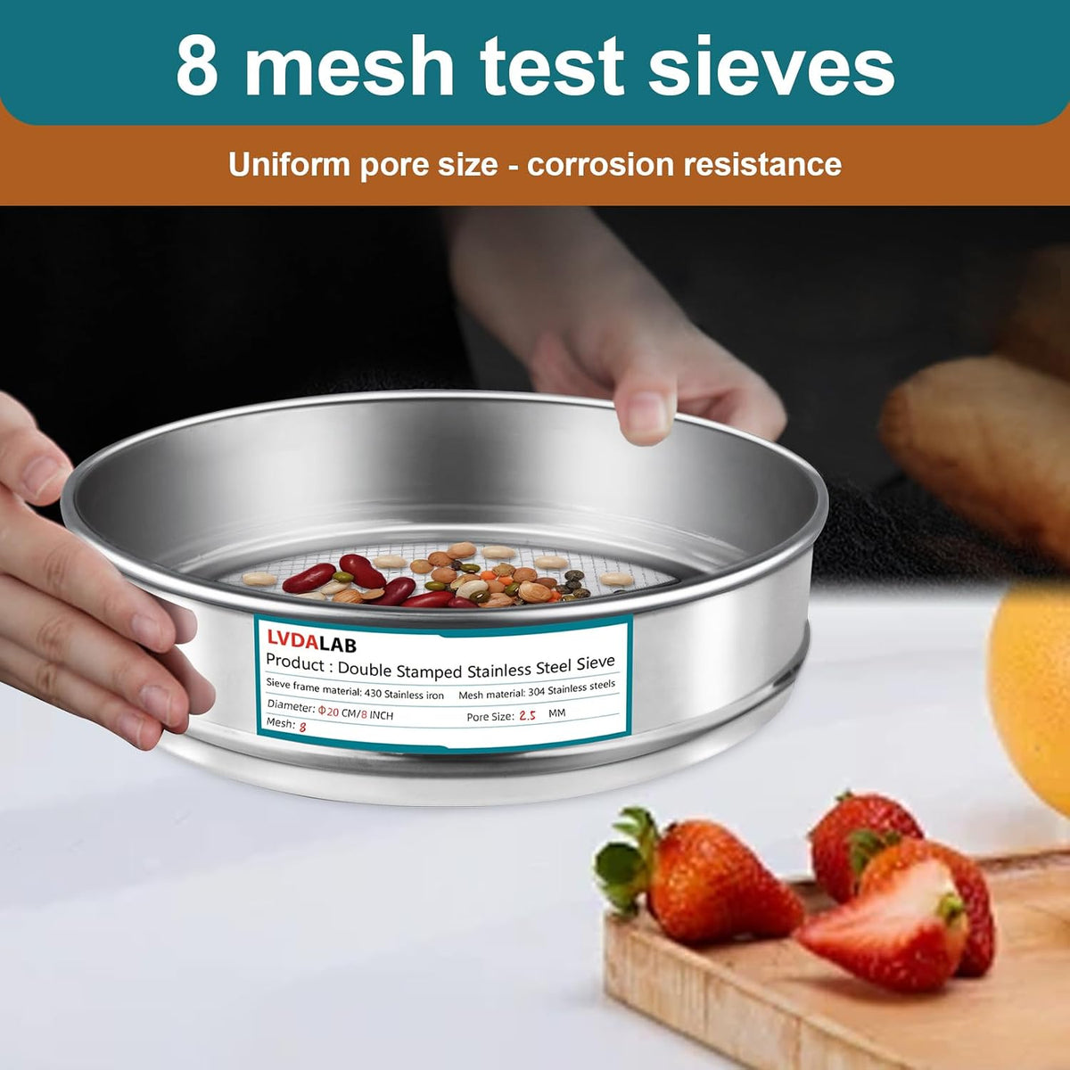 7.9" (20cm) 304 Stainless Steel Lab Sieve, 10 Mesh (2mm) Screen Sifter - Colors A