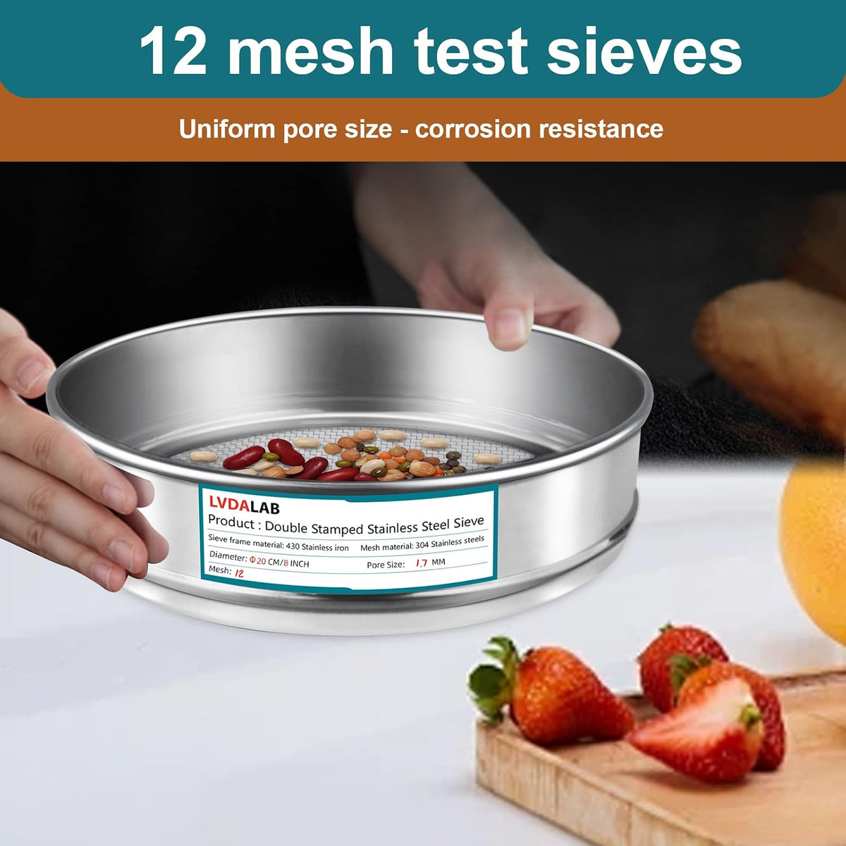 7.9" (20cm) 304 Stainless Steel Lab Sieve, 10 Mesh (2mm) Screen Sifter - Colors A