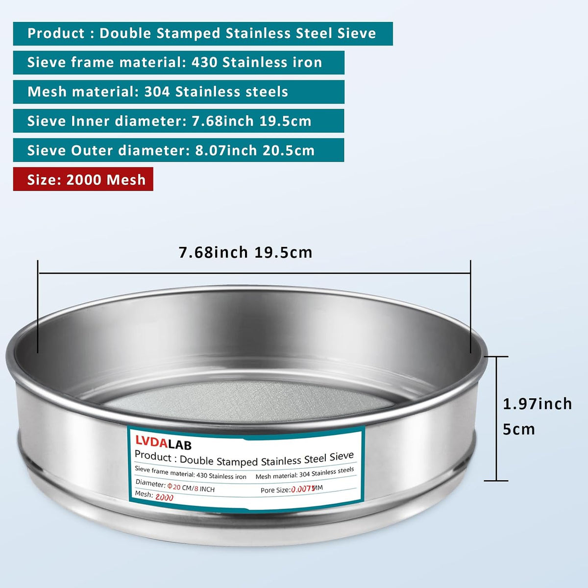 7.9" (20cm) 304 Stainless Steel Lab Sieve, 10 Mesh (2mm) Screen Sifter - Colors A