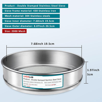 7.9" (20cm) 304 Stainless Steel Lab Sieve, 10 Mesh (2mm) Screen Sifter - Colors A