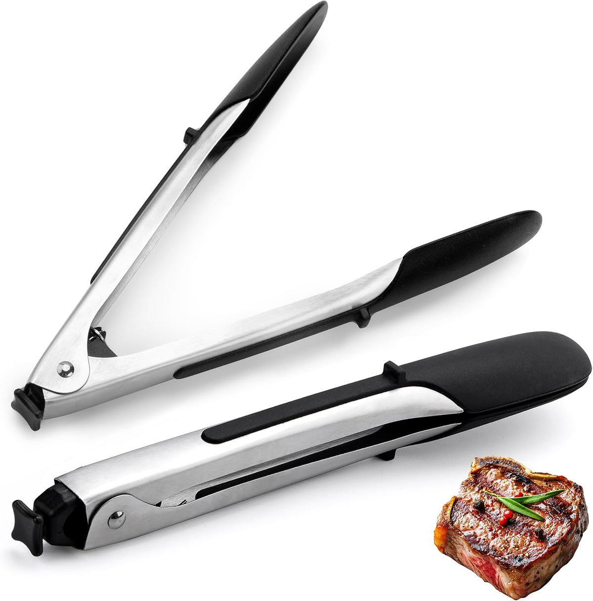 600°F Silicone Kitchen Tongs 9.5 Inch Set of 2, Heat Resistant Locking | Non scratch BBQ tongs for cooking, grilling, air fryer & salad, BPA free, easy grip kitchen utensil set