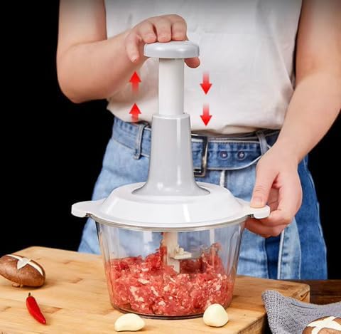 Manual Food Chopper with 1.5L Container, Push-Down Vegetable and Meat Cutter, Stainless Steel Blades.