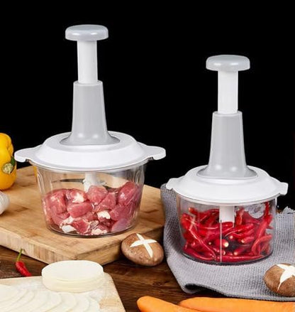 Manual Food Chopper with 1.5L Container, Push-Down Vegetable and Meat Cutter, Stainless Steel Blades.