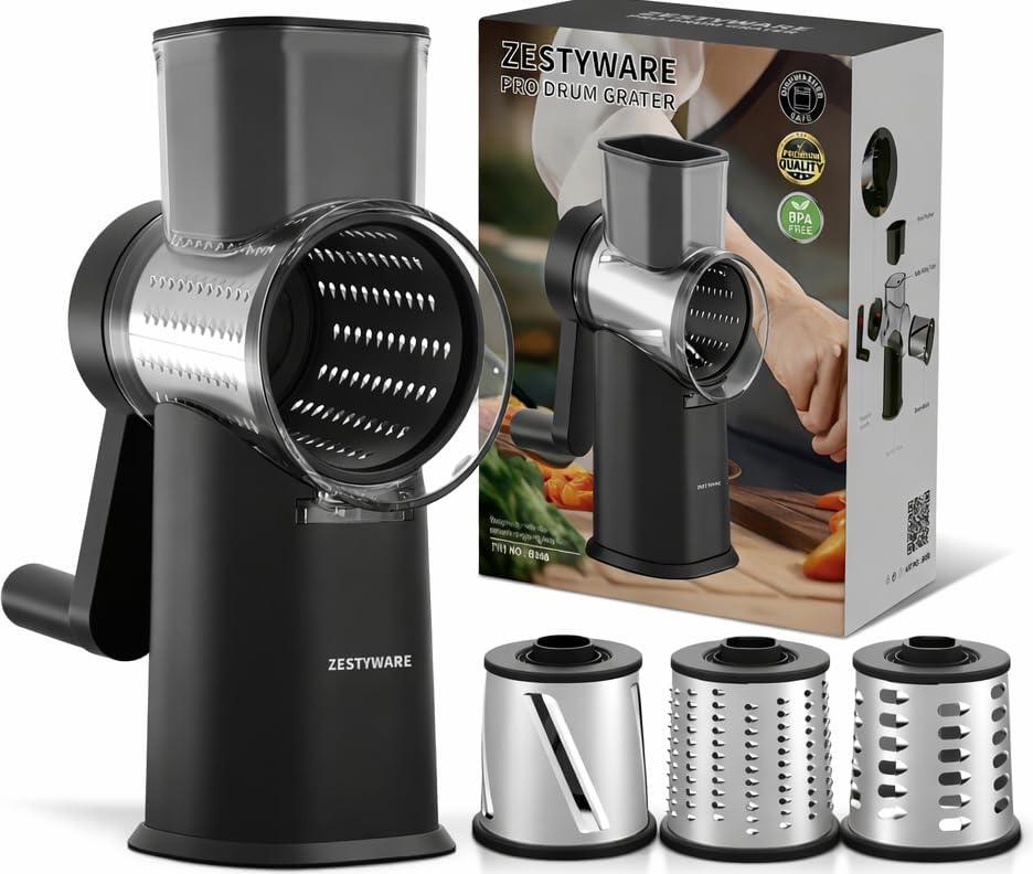 Rotary Cheese Grater Hand Crank with Foldable Handle, Three Blades | Perfect Graters for Kitchen, Fresh Cheese, Vegetables, Nuts, Shredder Hand Crank with Suction Base, Rotary Grader