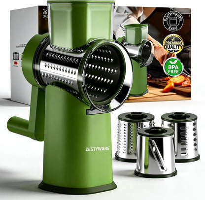 Rotary Cheese Grater Hand Crank with Foldable Handle, Three Blades | Perfect Graters for Kitchen, Fresh Cheese, Vegetables, Nuts, Shredder Hand Crank with Suction Base, Rotary Grader