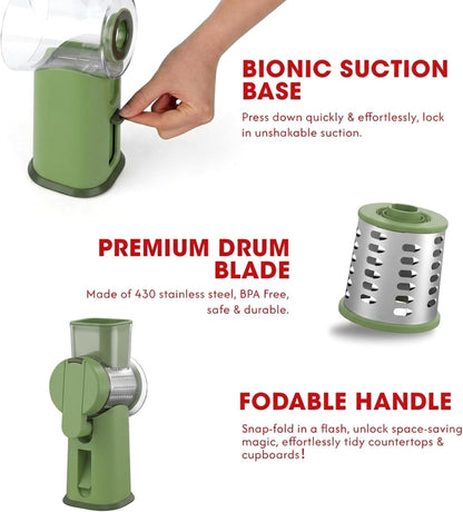 Rotary Cheese Grater Hand Crank with Foldable Handle, Three Blades | Perfect Graters for Kitchen, Fresh Cheese, Vegetables, Nuts, Shredder Hand Crank with Suction Base, Rotary Grader