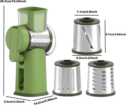 Rotary Cheese Grater Hand Crank with Foldable Handle, Three Blades | Perfect Graters for Kitchen, Fresh Cheese, Vegetables, Nuts, Shredder Hand Crank with Suction Base, Rotary Grader