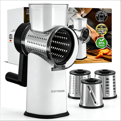 Rotary Cheese Grater Hand Crank with Foldable Handle, Three Blades | Perfect Graters for Kitchen, Fresh Cheese, Vegetables, Nuts, Shredder Hand Crank with Suction Base, Rotary Grader