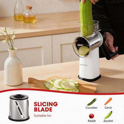 Rotary Cheese Grater Hand Crank with Foldable Handle, Three Blades | Perfect Graters for Kitchen, Fresh Cheese, Vegetables, Nuts, Shredder Hand Crank with Suction Base, Rotary Grader