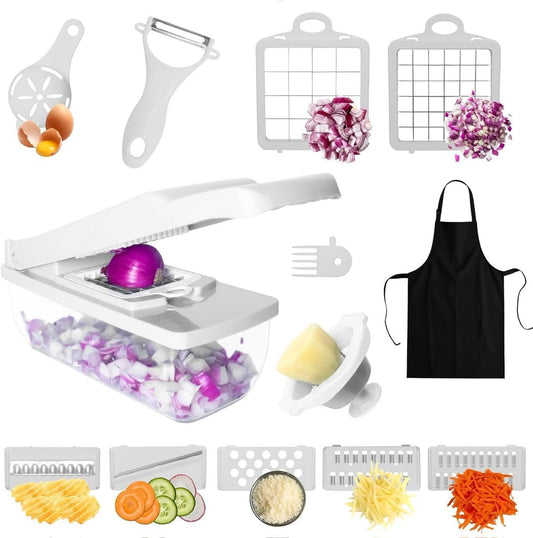 Kalmat Dynamics Food Chopper & Vegetable Slicer, White+Green | 16-in-1 Multi-Function, 7 Blades, Container Included, Free Black Cooking Apron