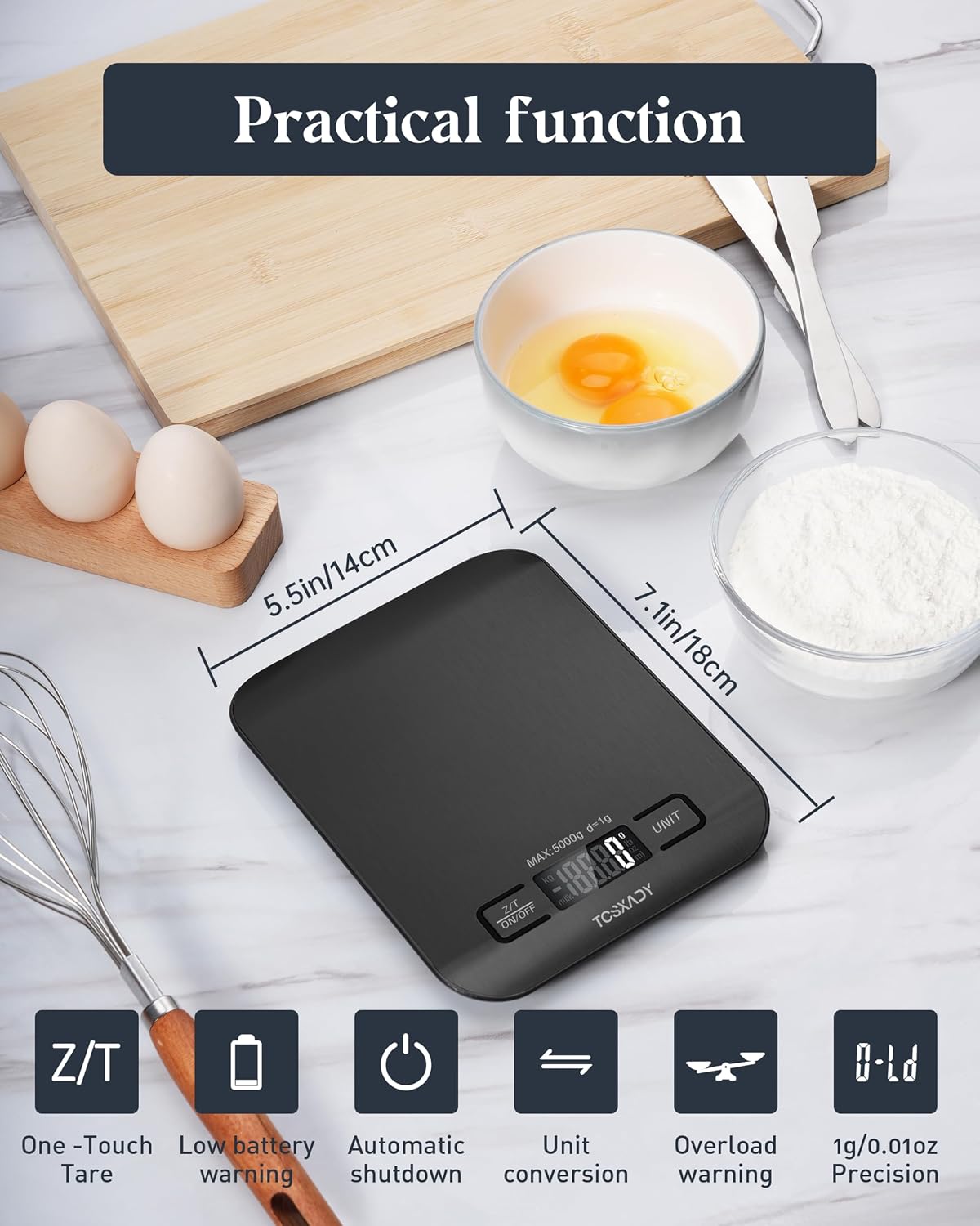 Food Scale, 11lb Digital Kitchen Scale with 6 Units LCD Display and Tare Function,Compact Design for Baking,Healthy Cooking,Meal Prep, 304 Stainless Steel