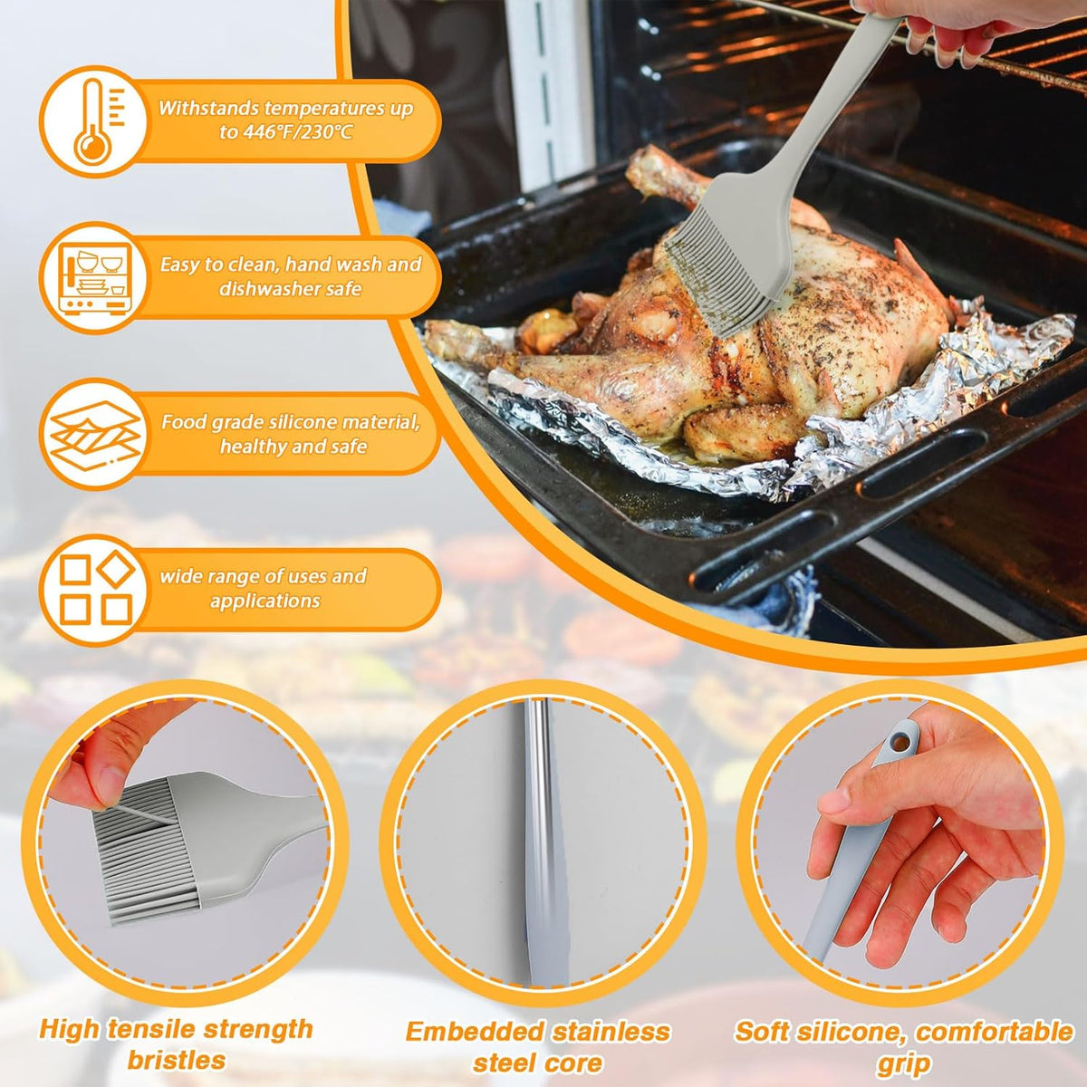 3 Sizes Silicone Basting Brush, Extra Large Heat Resistant Pastry Brush Spread Oil Butter Sauce Marinade for BBQ Grilling Baking Kitchen Food Cooking (Grey)
