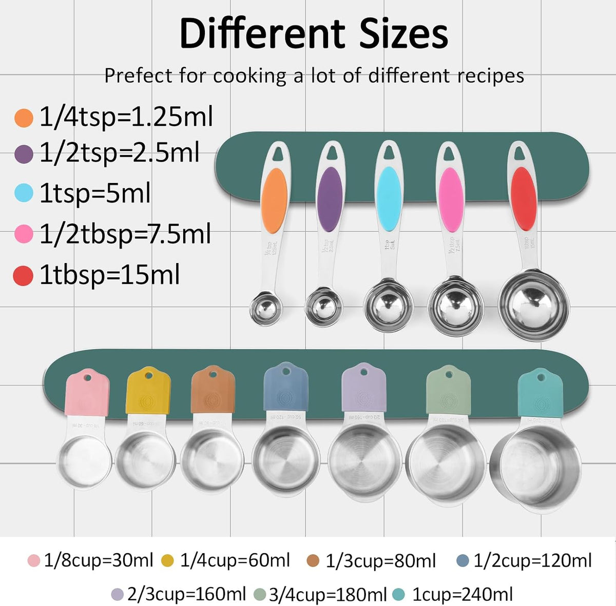 Magnetic Measuring Cups and Spoons Set, Including 7 Stainless Steel Nesting Measuring Cups and 5 Magnetic Measuring Spoons for Cooking & Baking (Black)
