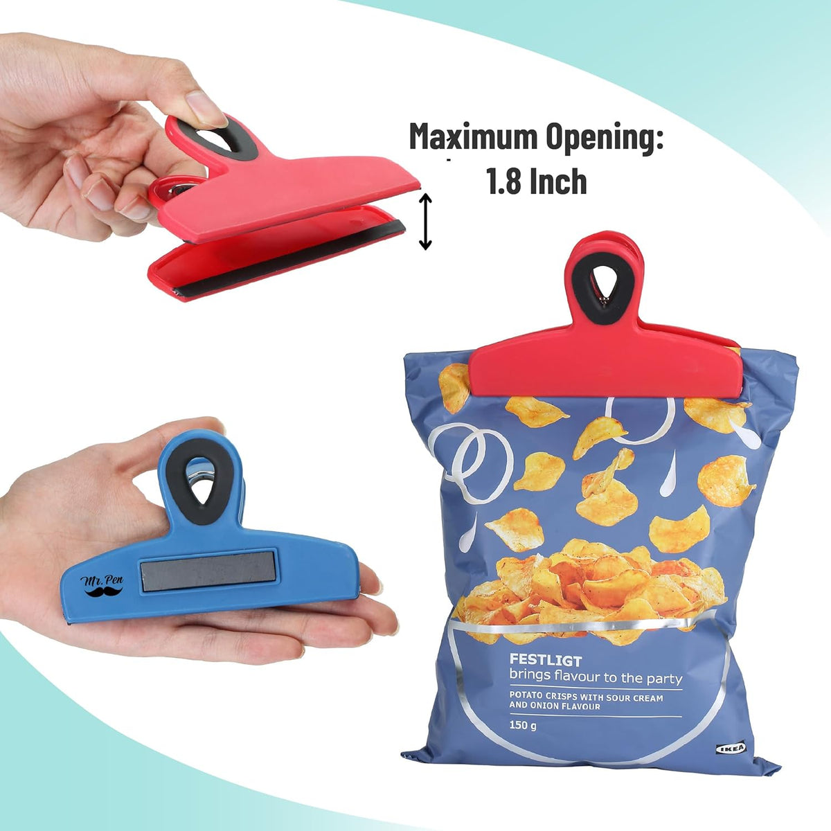 Magnetic Bag Clips, 4 Pack, 5" Wide | Heavy Duty Chip Clips for Food Storage, Durable Plastic with Strong Magnet, Non-Slip Grip for Fridge, Snacks, Kitchen, Office