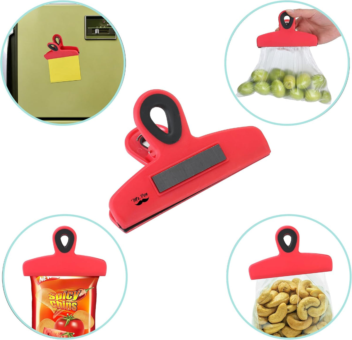 Magnetic Bag Clips, 4 Pack, 5" Wide | Heavy Duty Chip Clips for Food Storage, Durable Plastic with Strong Magnet, Non-Slip Grip for Fridge, Snacks, Kitchen, Office