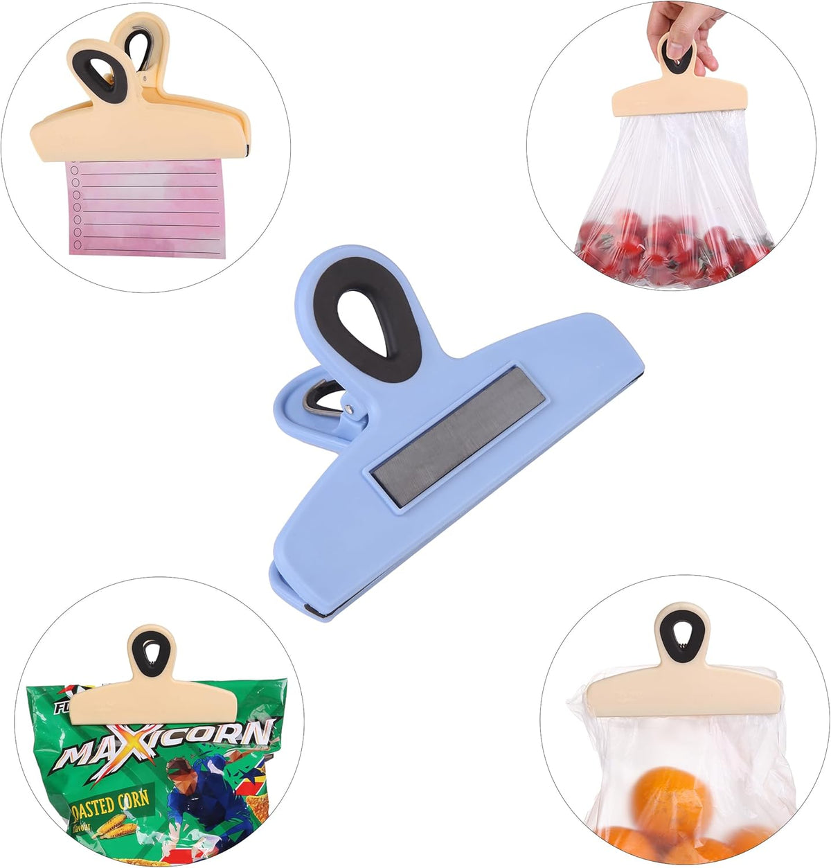 Magnetic Bag Clips, 4 Pack, 5" Wide | Heavy Duty Chip Clips for Food Storage, Durable Plastic with Strong Magnet, Non-Slip Grip for Fridge, Snacks, Kitchen, Office