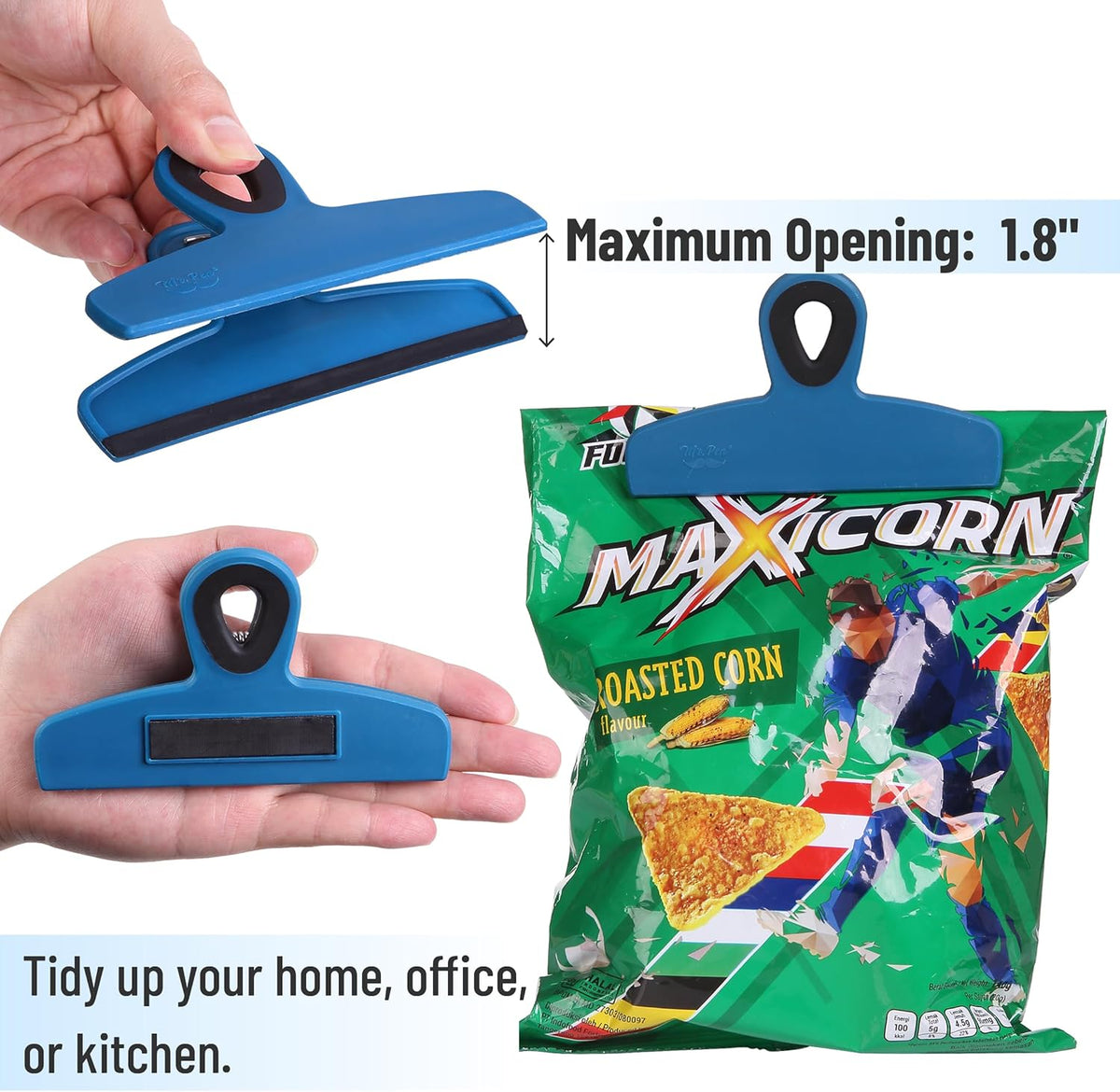 Magnetic Bag Clips, 4 Pack, 5" Wide | Heavy Duty Chip Clips for Food Storage, Durable Plastic with Strong Magnet, Non-Slip Grip for Fridge, Snacks, Kitchen, Office