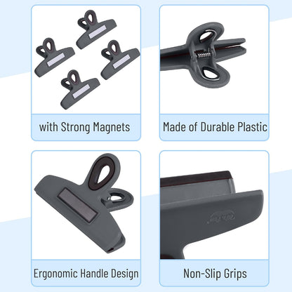 Magnetic Bag Clips, 4 Pack, 5" Wide | Heavy Duty Chip Clips for Food Storage, Durable Plastic with Strong Magnet, Non-Slip Grip for Fridge, Snacks, Kitchen, Office