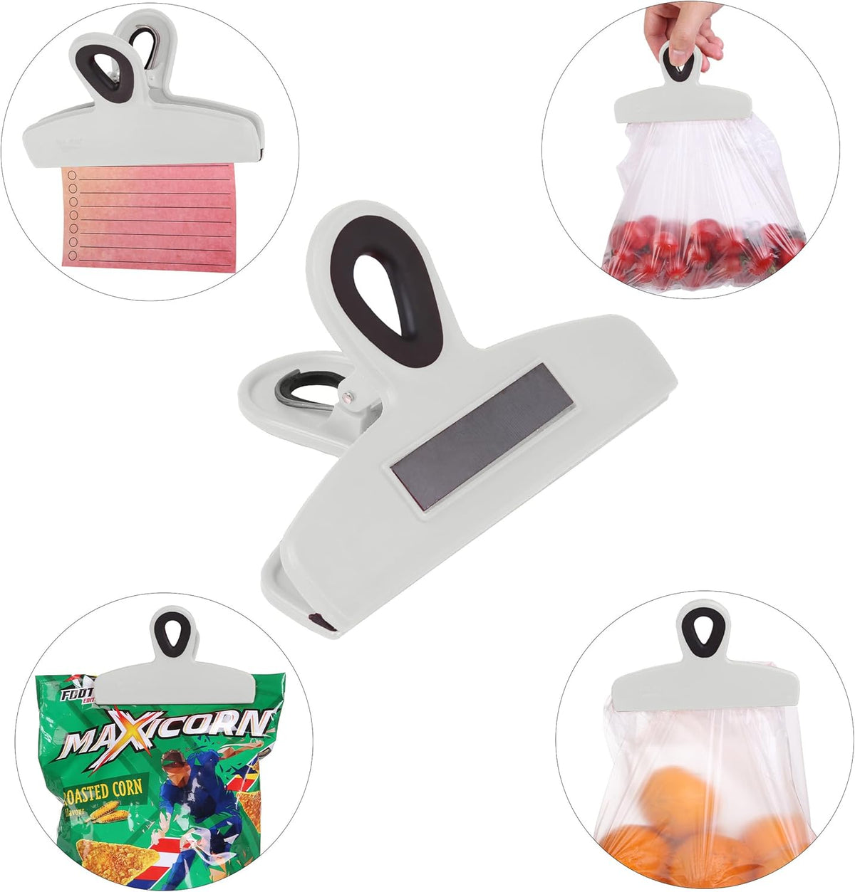 Magnetic Bag Clips, 4 Pack, 5" Wide | Heavy Duty Chip Clips for Food Storage, Durable Plastic with Strong Magnet, Non-Slip Grip for Fridge, Snacks, Kitchen, Office