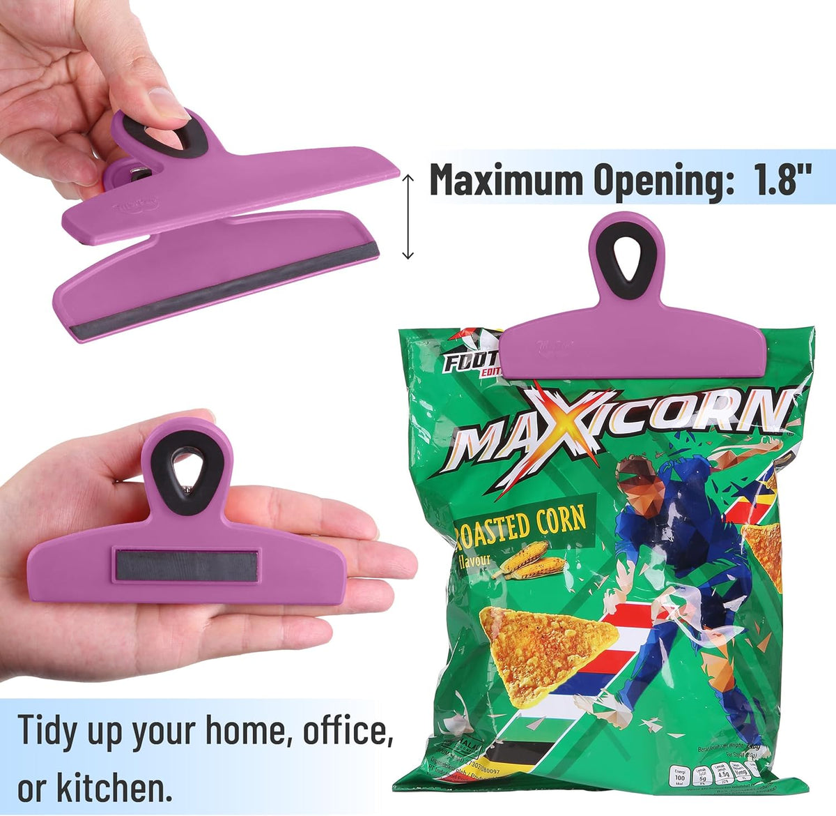 Magnetic Bag Clips, 4 Pack, 5" Wide | Heavy Duty Chip Clips for Food Storage, Durable Plastic with Strong Magnet, Non-Slip Grip for Fridge, Snacks, Kitchen, Office