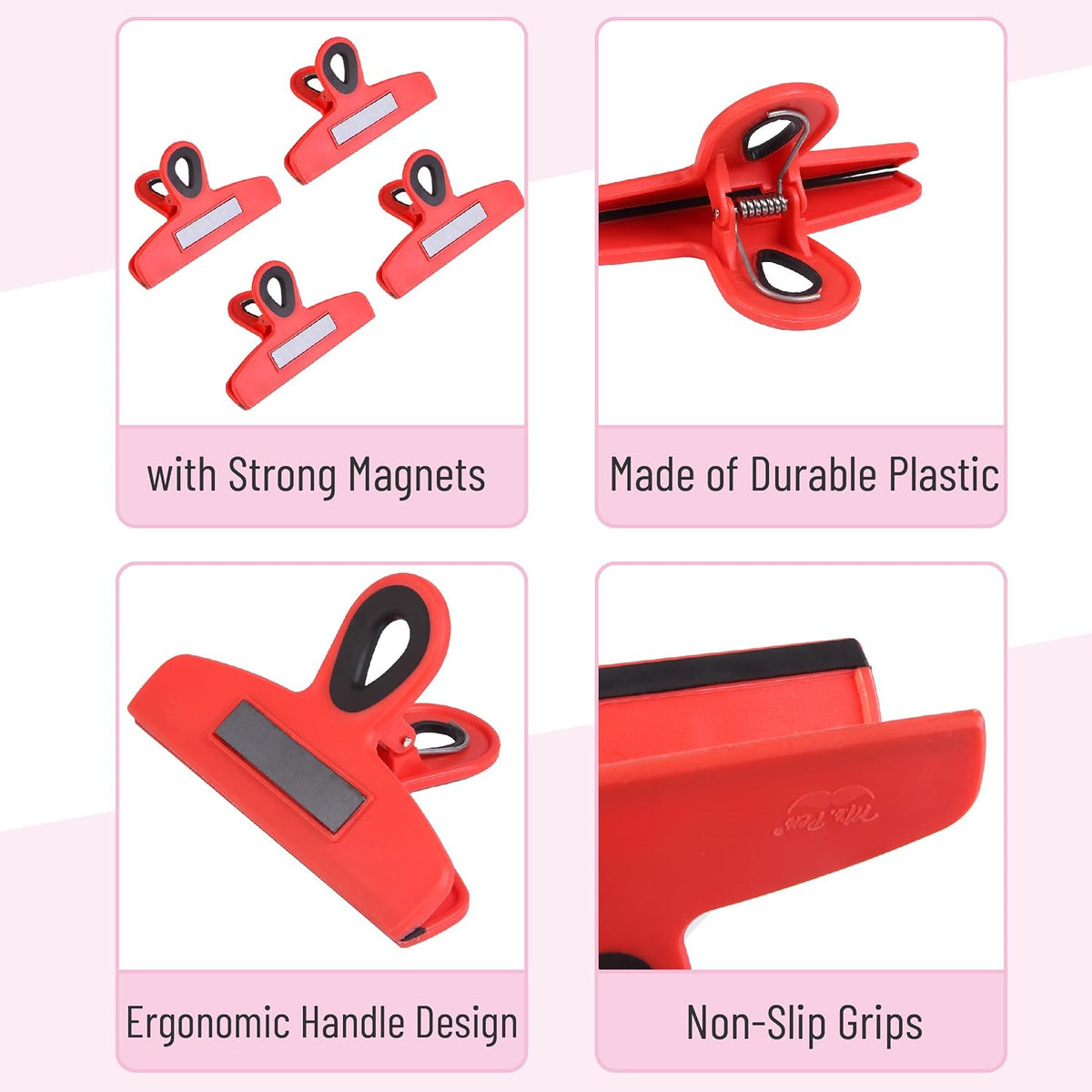 Magnetic Bag Clips, 4 Pack, 5" Wide | Heavy Duty Chip Clips for Food Storage, Durable Plastic with Strong Magnet, Non-Slip Grip for Fridge, Snacks, Kitchen, Office