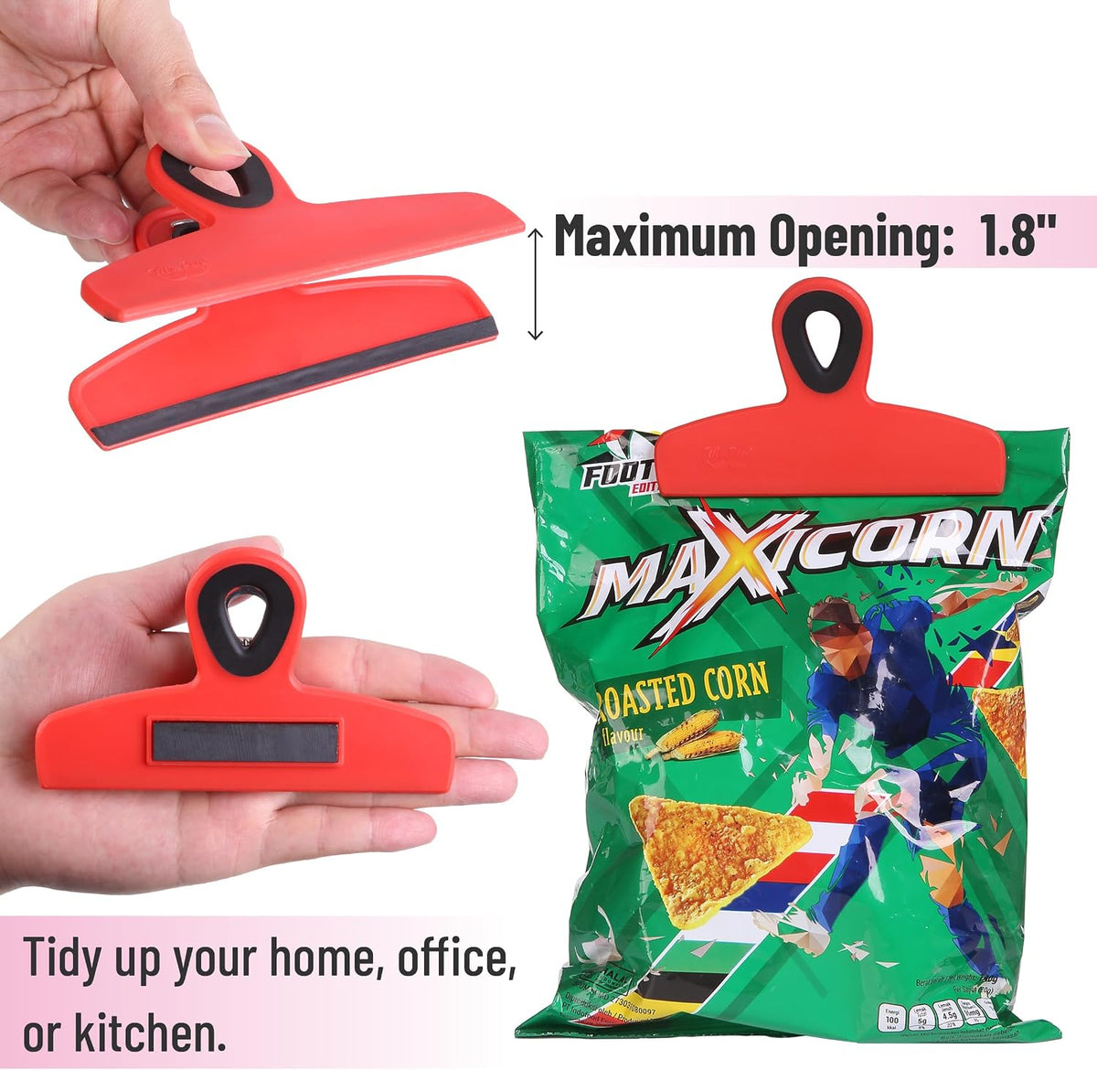 Magnetic Bag Clips, 4 Pack, 5" Wide | Heavy Duty Chip Clips for Food Storage, Durable Plastic with Strong Magnet, Non-Slip Grip for Fridge, Snacks, Kitchen, Office