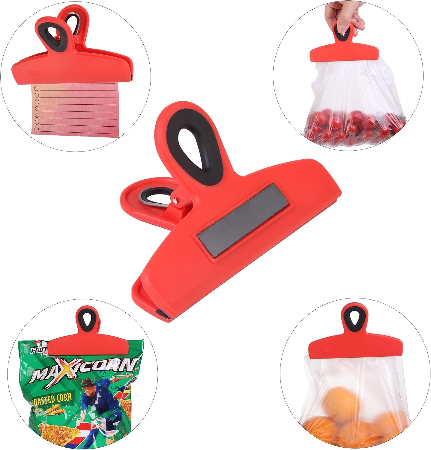 Magnetic Bag Clips, 4 Pack, 5" Wide | Heavy Duty Chip Clips for Food Storage, Durable Plastic with Strong Magnet, Non-Slip Grip for Fridge, Snacks, Kitchen, Office