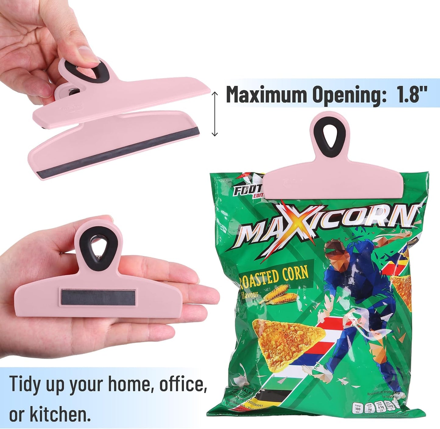 Magnetic Bag Clips, 4 Pack, 5" Wide | Heavy Duty Chip Clips for Food Storage, Durable Plastic with Strong Magnet, Non-Slip Grip for Fridge, Snacks, Kitchen, Office