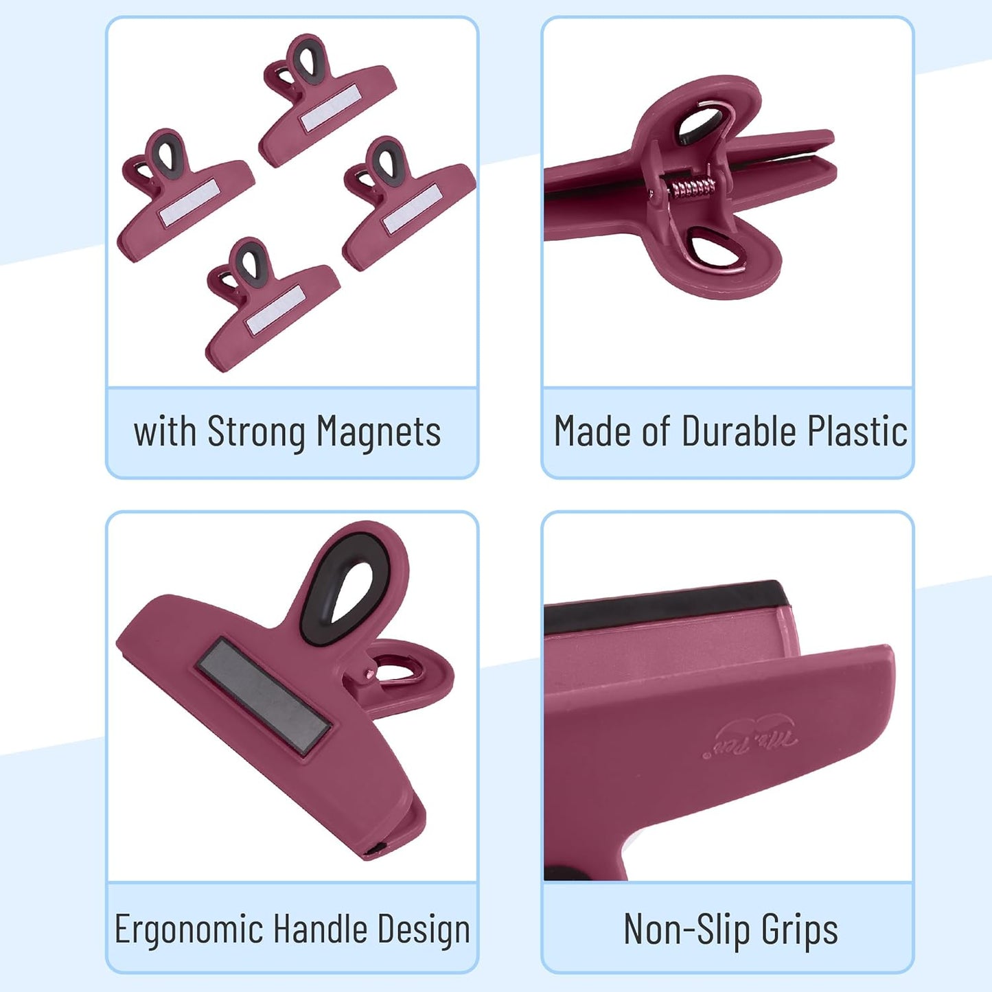 Magnetic Bag Clips, 4 Pack, 5" Wide | Heavy Duty Chip Clips for Food Storage, Durable Plastic with Strong Magnet, Non-Slip Grip for Fridge, Snacks, Kitchen, Office
