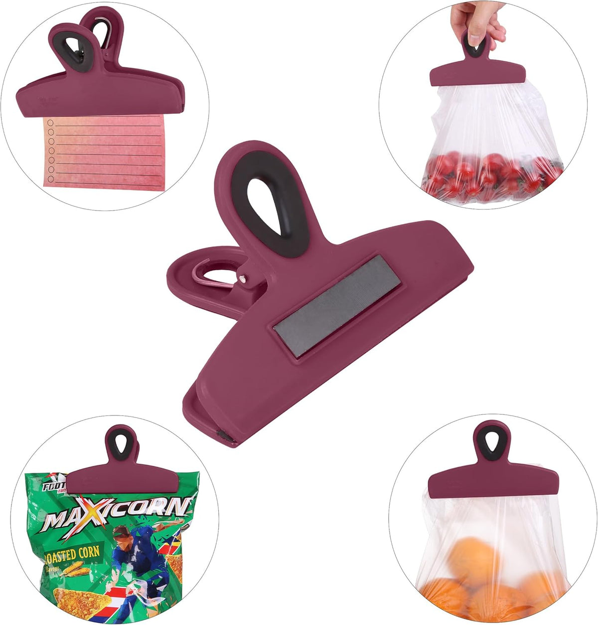 Magnetic Bag Clips, 4 Pack, 5" Wide | Heavy Duty Chip Clips for Food Storage, Durable Plastic with Strong Magnet, Non-Slip Grip for Fridge, Snacks, Kitchen, Office