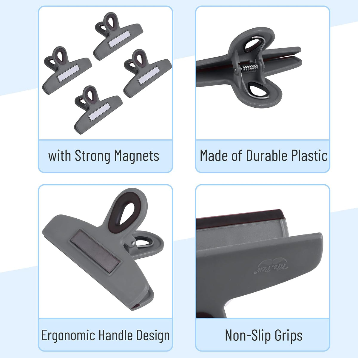 Magnetic Bag Clips, 4 Pack, 5" Wide | Heavy Duty Chip Clips for Food Storage, Durable Plastic with Strong Magnet, Non-Slip Grip for Fridge, Snacks, Kitchen, Office