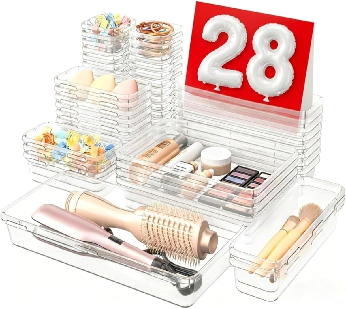 【Military Grade】 Drawer Organizer,【𝟱𝗦𝗶𝘇𝗲】 Makeup organizer,【Holds 177 Items】 Bathroom Organizers and Storage,Organization and Storage,Desk Drawer Organizer for Vanity【Clear】