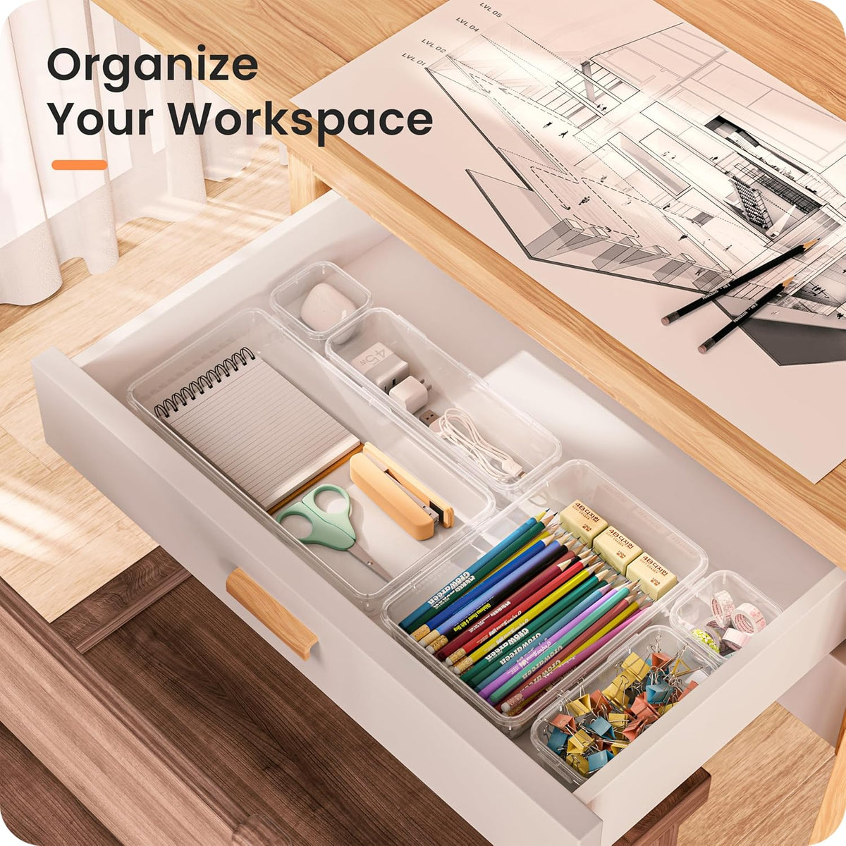 【Military Grade】 Drawer Organizer,【𝟱𝗦𝗶𝘇𝗲】 Makeup organizer,【Holds 177 Items】 Bathroom Organizers and Storage,Organization and Storage,Desk Drawer Organizer for Vanity【Clear】